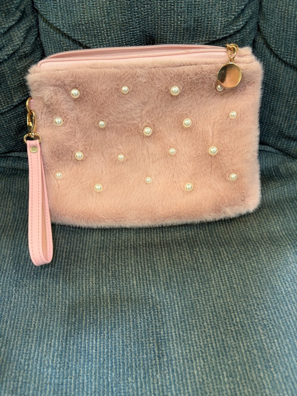 Faux Fur Pearl-Embellished Pink Wristlet Clutch